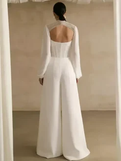 Bridal Jumpsuit Stretch Crepe Pleated Floor-Length Jumpsuit Designed Neckline Long Sleeves Natural Waist Ivory