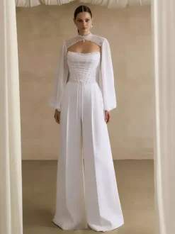 Bridal Jumpsuit Stretch Crepe Pleated Floor-Length Jumpsuit Designed Neckline Long Sleeves Natural Waist Ivory