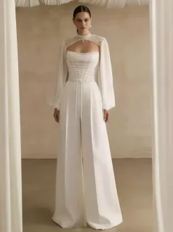Bridal Jumpsuit Stretch Crepe Pleated Floor-Length Jumpsuit Designed Neckline Long Sleeves Natural Waist Ivory