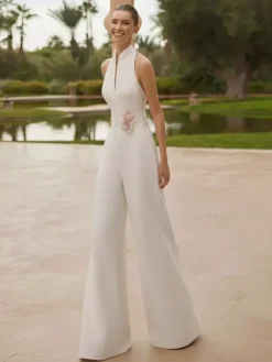 Bridal Jumpsuit Stretch Crepe Pleated Floor-Length Jumpsuit Designed Neckline Sleeveless Natural Waist Ivory