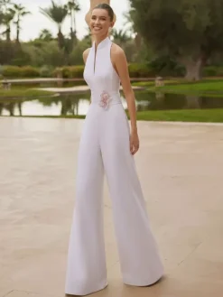 Bridal Jumpsuit Stretch Crepe Pleated Floor-Length Jumpsuit Designed Neckline Sleeveless Natural Waist Ivory