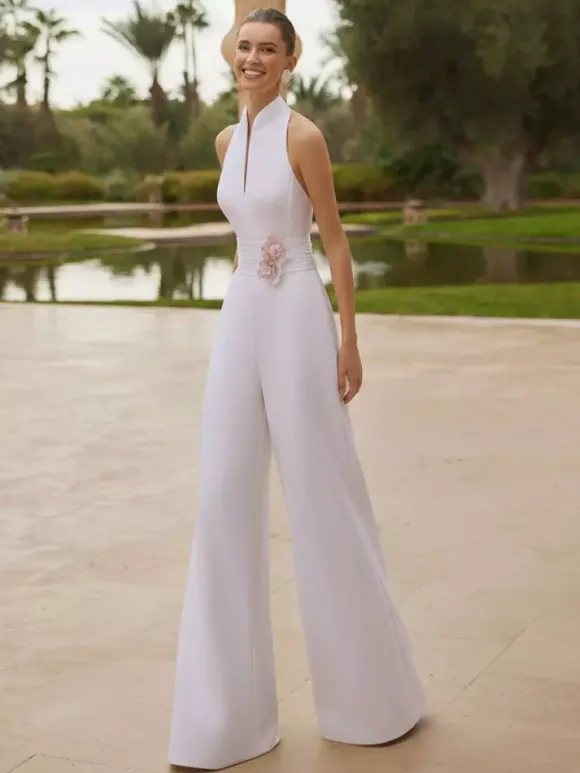 Bridal Jumpsuit Stretch Crepe Pleated Floor-Length Jumpsuit Designed Neckline Sleeveless Natural Waist Ivory