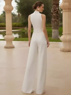 Bridal Jumpsuit Stretch Crepe Pleated Floor-Length Jumpsuit Designed Neckline Sleeveless Natural Waist Ivory