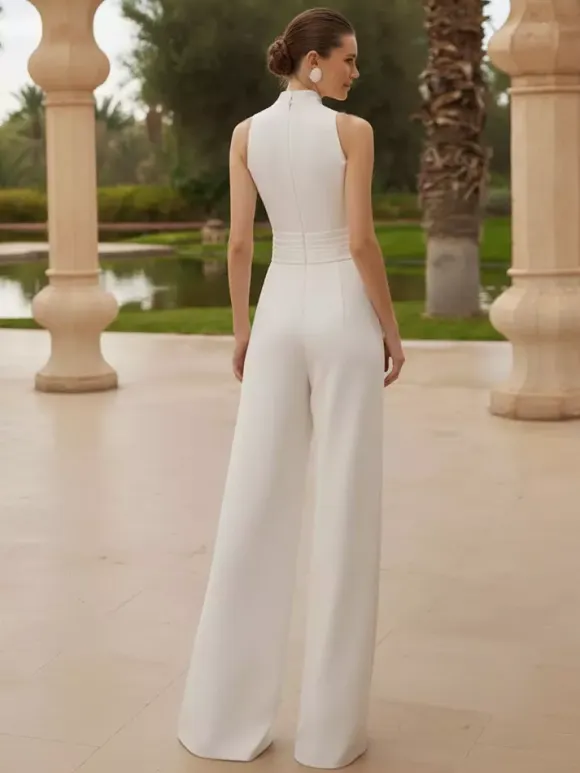 Bridal Jumpsuit Stretch Crepe Pleated Floor-Length Jumpsuit Designed Neckline Sleeveless Natural Waist Ivory