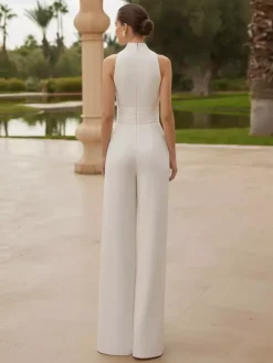 Bridal Jumpsuit Stretch Crepe Pleated Floor-Length Jumpsuit Designed Neckline Sleeveless Natural Waist Ivory