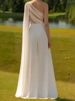 Bridal Jumpsuit Tulle Pleated Floor-Length Jumpsuit Designed Neckline Sleeveless Natural Waist Ivory