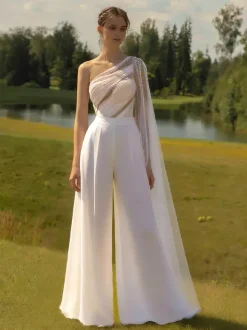 Bridal Jumpsuit Tulle Pleated Floor-Length Jumpsuit Designed Neckline Sleeveless Natural Waist Ivory