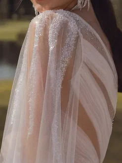 Bridal Jumpsuit Tulle Pleated Floor-Length Jumpsuit Designed Neckline Sleeveless Natural Waist Ivory