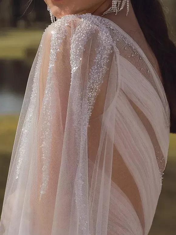 Bridal Jumpsuit Tulle Pleated Floor-Length Jumpsuit Designed Neckline Sleeveless Natural Waist Ivory