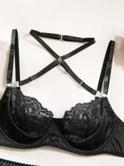Bridal Lace Lingerie Black 3-Piece Bra Skirt Panty Sets
