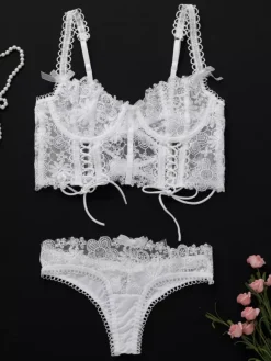Bridal Lingerie Bridal Lace Floral Print Lingerie Sexy White 2-Piece Adult's Bra Panty Sets