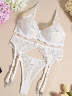 Bridal Lingerie Bridal 3-Piece Lingerie Lace White Bra Panty Garter Sets