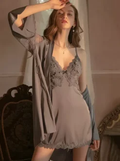 Bridal Lingerie Chemise For Women Burgundy Lace Overcoat Dress Panty Sash 4-Piece Set Oversized Lingerie Outfit