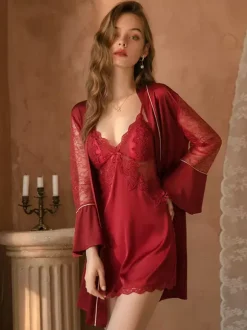 Bridal Lingerie Chemise For Women Burgundy Lace Overcoat Dress Panty Sash 4-Piece Set Oversized Lingerie Outfit
