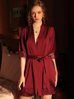 Bridal Lingerie Chemise For Women Burgundy Sash Oversized Dress Sash 2-Piece Set Lingerie Outfit