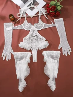 Bridal Lingerie Floral Lace Teddy Ruffle Trim White Lace Cutout Bodysuit Lingerie 3-Piece Set