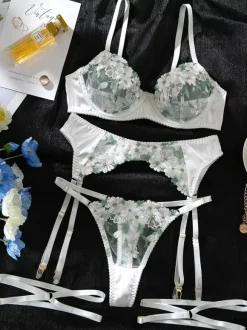 Bridal Lingerie Floral Print Sheer Nets White Bra Panty 4-Piece Sets