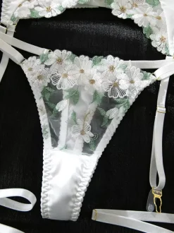 Bridal Lingerie Floral Print Sheer Nets White Bra Panty 4-Piece Sets