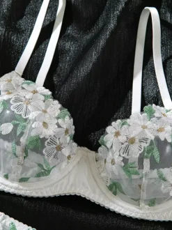 Bridal Lingerie Floral Print Sheer Nets White Bra Panty 4-Piece Sets