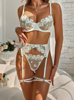 Bridal Lingerie Floral Print Sheer Nets White Bra Panty 4-Piece Sets