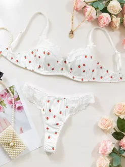 Bridal Lingerie Fruit Pattern Lace White Bra Panty 2-Piece Sets