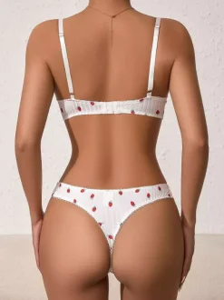 Bridal Lingerie Fruit Pattern Lace White Bra Panty 2-Piece Sets