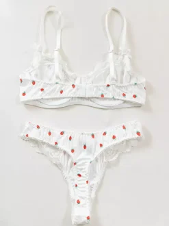 Bridal Lingerie Fruit Pattern Lace White Bra Panty 2-Piece Sets
