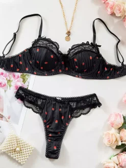 Bridal Lingerie Fruit Pattern Lace White Bra Panty 2-Piece Sets