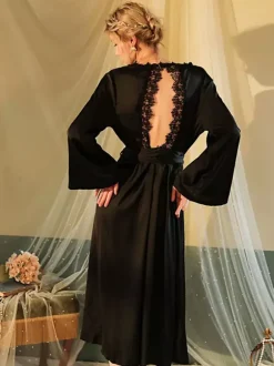 Bridal Lingerie Gowns & Robes Black Lace Backless Silk-like Lingerie