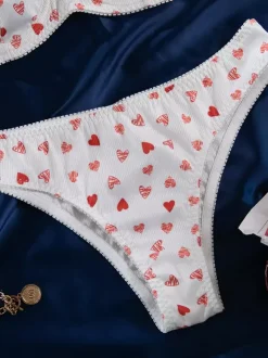 Bridal Lingerie Hearts Pattern Full Body White Bra Panty 2-Piece Sets