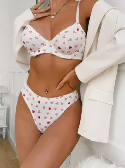 Bridal Lingerie Hearts Pattern Full Body White Bra Panty 2-Piece Sets