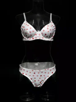 Bridal Lingerie Hearts Pattern Full Body White Bra Panty 2-Piece Sets