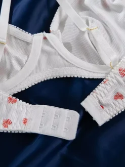 Bridal Lingerie Hearts Pattern Full Body White Bra Panty 2-Piece Sets