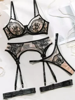 Bridal Lingerie Lace Sheer Floral Print White 4-Piece Bra Panty Sets