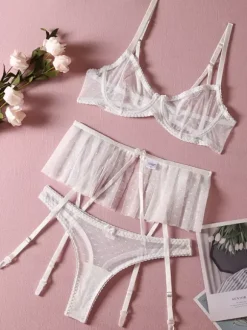 Bridal Lingerie Lingerie Bras Bra For Woman White Lace 3-Piece Sexy Hot Underwear