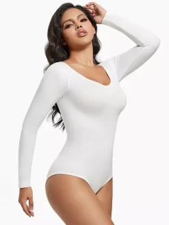 Bridal Lingerie Lingerie Shapewear Coffee Brown Long Sleeves Seamless Long Sleeve Bodysuit Slimming Shaper Plus Size Tummy Control Sculpting Unders