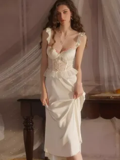 Bridal Lingerie Long Nightgown Apricot Lace Backless Ruffle Straps Tulle Chic Satin Corset-Style Lingerie
