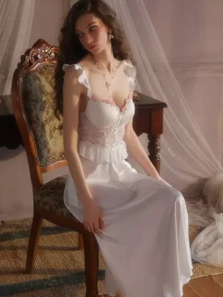 Bridal Lingerie Long Nightgown Apricot Lace Backless Ruffle Straps Tulle Chic Satin Corset-Style Lingerie