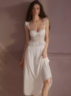 Bridal Lingerie Long Nightgown Apricot Lace Backless Ruffle Straps Tulle Chic Satin Corset-Style Lingerie