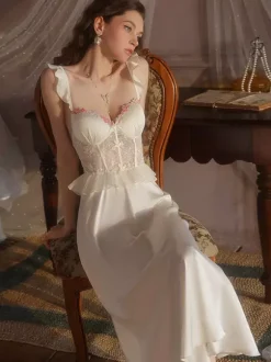 Bridal Lingerie Long Nightgown Apricot Lace Backless Ruffle Straps Tulle Chic Satin Corset-Style Lingerie