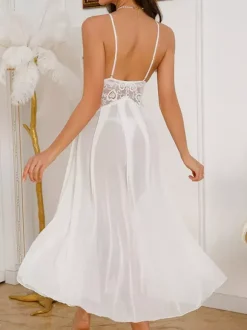 Bridal Lingerie Long Nightgown White Pleated Crochet Tulle Negligees Nightgown