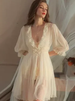 Bridal Lingerie Nightgown This Suspender Ruffles 3D Flower Nightgown With Coat