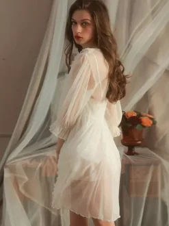 Bridal Lingerie Nightgown This Suspender Ruffles 3D Flower Nightgown With Coat