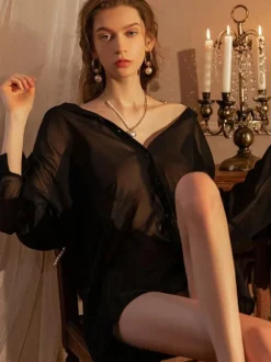 Bridal Lingerie Pajamas & Sleepwear White Buttons 1 Piece Turndown Collar Long Sleeves Chiffon Lingerie