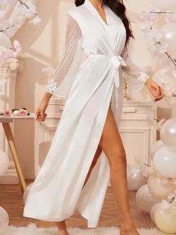 Bridal Lingerie Pajamas & Sleepwear White Sash V-Neck Long Sleeves Lace Lingerie