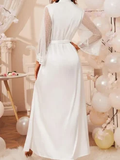 Bridal Lingerie Pajamas & Sleepwear White Sash V-Neck Long Sleeves Lace Lingerie