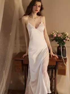 Bridal Lingerie Pajamas & Sleepwear White Lace 2-Piece V-Neck Silk-like Lingerie
