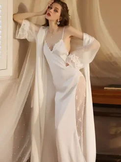 Bridal Lingerie Pajamas & Sleepwear White Lace 2-Piece V-Neck Silk-like Lingerie