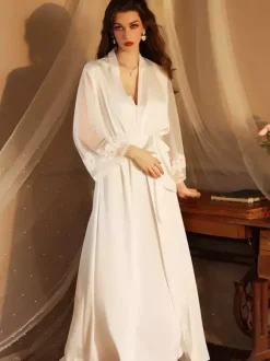 Bridal Lingerie Pajamas & Sleepwear White Lace 2-Piece V-Neck Silk-like Lingerie
