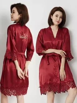 Bridal Lingerie Pajamas Sleepwear Robes Burgundy Crochet Negligees Nightgown